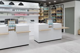 redesign 3d pharmacy store, interior render, shelving layout, retail store, vray
