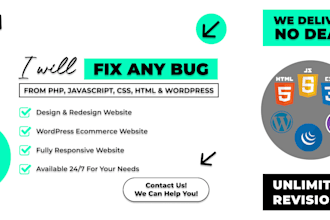 fix any bug from PHP, javascript, CSS, HTML, wordpress