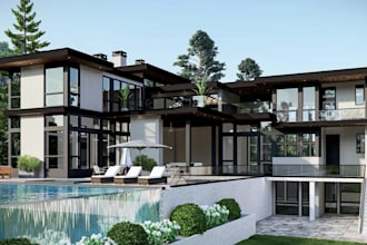 craft 3d hillside,tropical house,outdoor lounge,pool deck,landscaping,d5 render