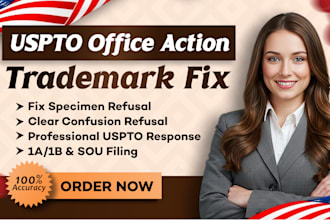 handle uspto office action response and trademark sou filing support