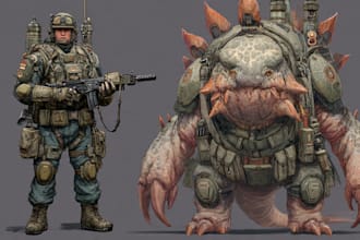 draw military concept art , monsters and characters