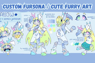 design a cute custom furry fursona, ref sheet, badge, and character art