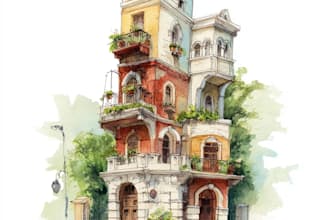 draw handmade watercolor illustration of architecture