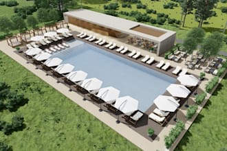 render 3d pool with terrace and cafe, revitalize pave area, cgi bathhouse design