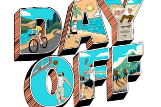 illustrate custom typography with scenes inside the letters