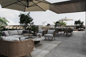 redesign 3d outdoor patio, render rooftop terrace, modern residential landscape