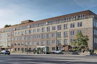 repurpose office for apartment complex,brick facade, urban environment rendering