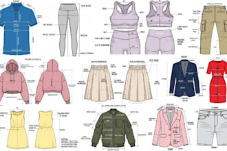 cloth tech pack, flat sketch, cloth mockup, fashion tech pack for manufacturing
