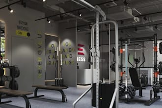 do stunning 3d gym interior,fitness center layout,commercial building rendering