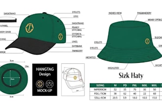 do cap tech pack, cap design mockup, bucket hat design, cap for manufacturing
