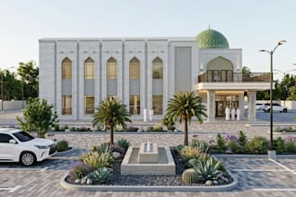 design 3d exterior mosque, masjid, minbar, ablution space, islamic center design