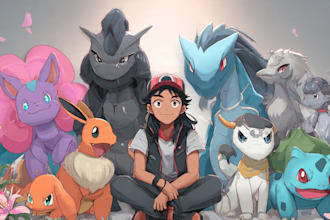 draw you pokemon trainer and their team with background
