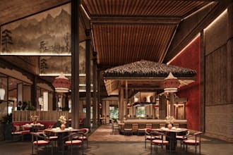reinvent 3d interior restaurant,food service design,  8k HQ renderin,bar counter