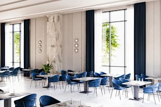 redesign 3d interior restaurant, hotel rooftop, landscaping, restaurant kitchen