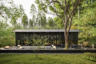 luxury forest restaurant design, kitchen, cocktail bar visualization, food space
