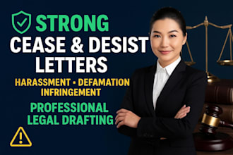 write a strong cease and desist letter for harassment, defamation, infringement