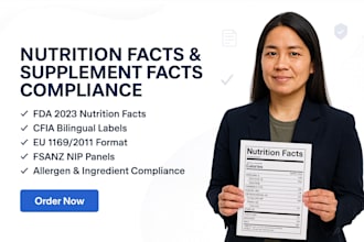 create fda, cfia, eu, fsanz compliant nutrition facts and supplement facts label