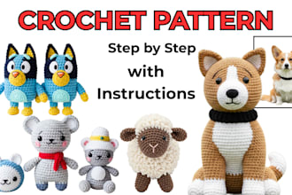 knit bluey, plushie, blanket, flower crochet pattern with instructions