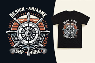 do a unique vintage ship wheel logo with t shirt design