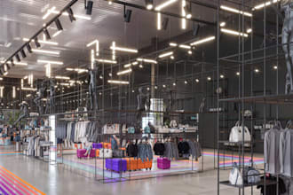do 3d clothing store design, render retail shop, wall mockup, bar interior decor