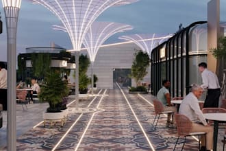 redesign 3d exterior cafe terrace, remodel outdoor restaurant layout, bar render