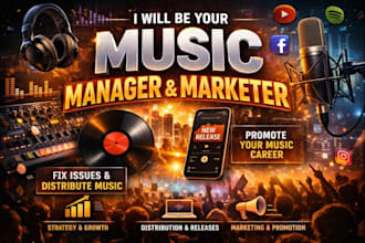music manager, fix issue and distribute, and marketer to promote music career