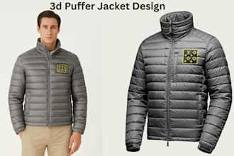 design 3d puffer jacket varsity jacket bomber jacket model render with animation