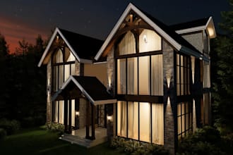 refine 3d rustic house,modern wooden cottage,hill architecture design, d5 render