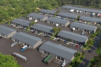 restructure 3d warehouse exterior, factory design, industrial landscape render