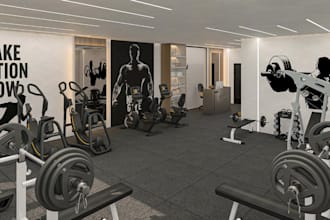 render 3d modern gym interior,fitness equipment,weight bench,gym hall,treadmills