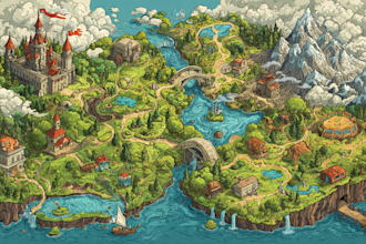draw cartoon fantasy map illustration, doodle hand drawn