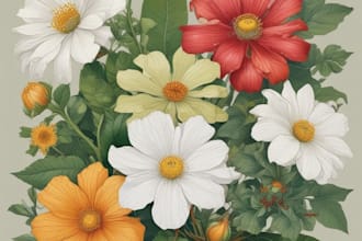 draw botanical illustration of flowers, plants, line art