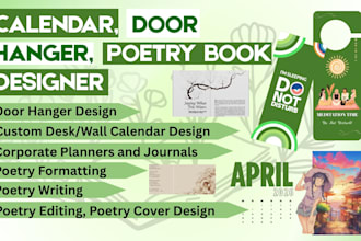 design calendar, door hanger, poetry book formatting, poetry book cover