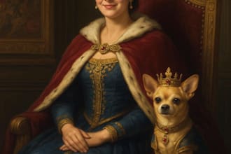 create custom majestic pet and owner portrait in regal style