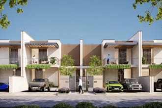 revitalize 3d estate housing,duplex exterior,row villas,packing lot,v ray render