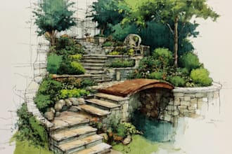 draw watercolor drawings of landscape designs or home gardens
