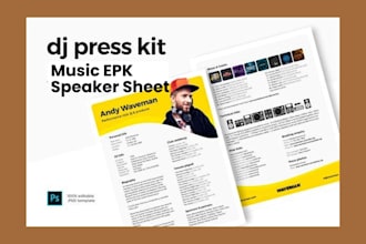 design producer epk, musician press kit, music artist epk, dj, music media sheet