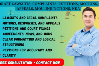 draft lawsuits, complaints, petitions, motions, appeals, mou, injunctions, nda