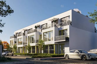 remodel townhouse exterior, solar panel, urban city design, aerial views render