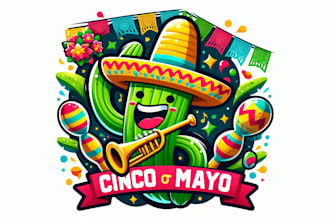 create mexican cinco de mayo cactus playing trumpet mascot logo design