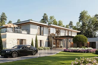 photoreal villa exterior rendering, revit walkthrough, high end interior design