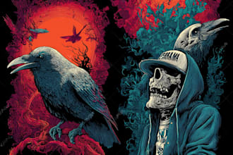 create detailed dark art illustrations for bands and merch