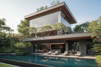 walkthrough 3dtropical home,poolside lounge design,exterior terrace,revit render