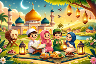 create islamic children book illustrations watercolor style