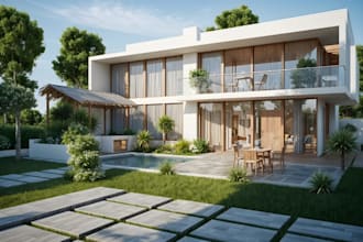 rebuild 3d small villa photorealistic landscape rendering, outdoor visualization