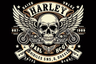 do a unique vintage harley skull logo with t shirt design
