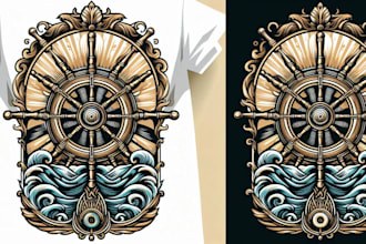 create vintage ship wheel logo with t shirt design