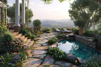 design landscape, home garden, pool, patio, villa landscape