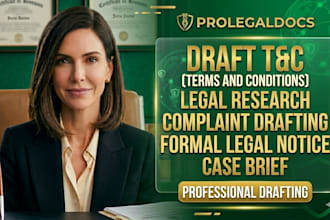 draft terms and conditions, legal research, complaint, notice, and case brief