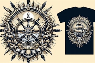 create a vintage ship wheel logo with t shirt design